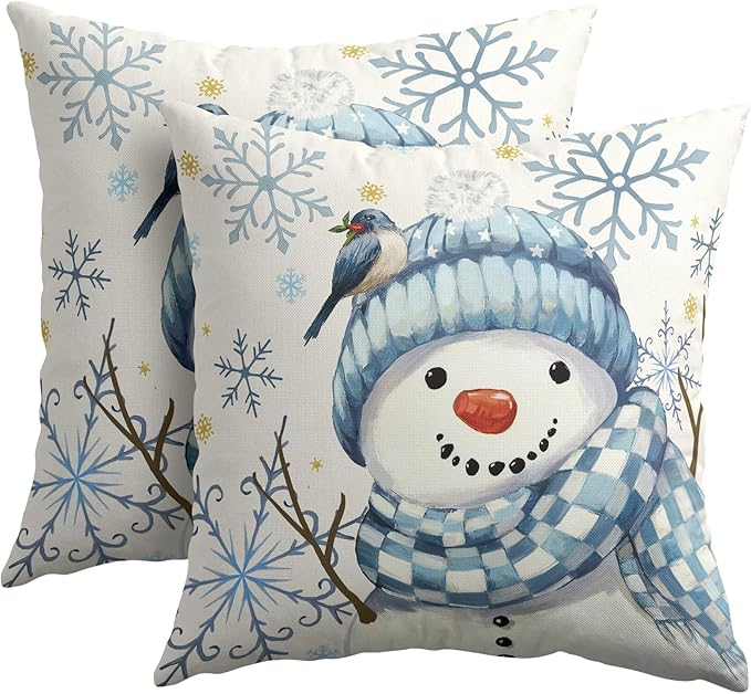 Christmas Pillow Covers 16x16 Set of 2 Blue Snowman Throw Pillow Covers Winter Pillowcase Linen Decoration Farmhouse Bird Cozy Soft Cushion Case Couch for Indoor Outdoor Home Decor