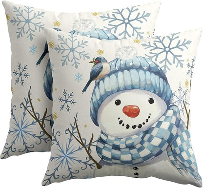 Christmas Pillow Covers 22x22 Set of 2 Blue Snowman Throw Pillow Covers Winter Pillowcase Linen Decoration Farmhouse Bird Cozy Soft Cushion Case Couch for Indoor Outdoor Home Decor