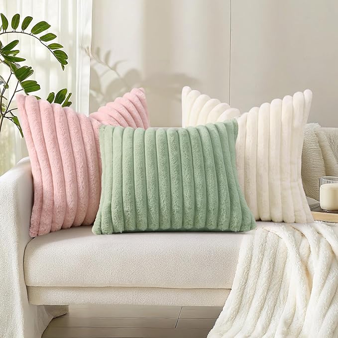 decorUhome Faux Fur Spring Throw Pillow Covers 26x26 Set of 2, Decorative Soft Plush Striped Neutral Couch Euro Sham Pillow Covers with Velvet Back for Sofa, Bed, Living Room Home, Cream White