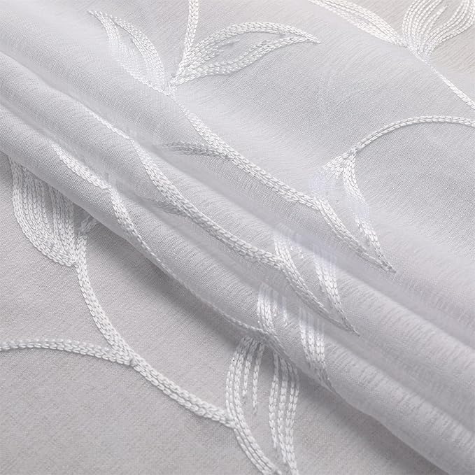 VISIONTEX White Sheer Curtains 120 Inches Long 2 Panels Set Embroidered Floral Leaf Pattern Rod Pocket Semi Sheer Voile Window Curtains/Drapes for Bedroom Living Room 54 x 120 Inches