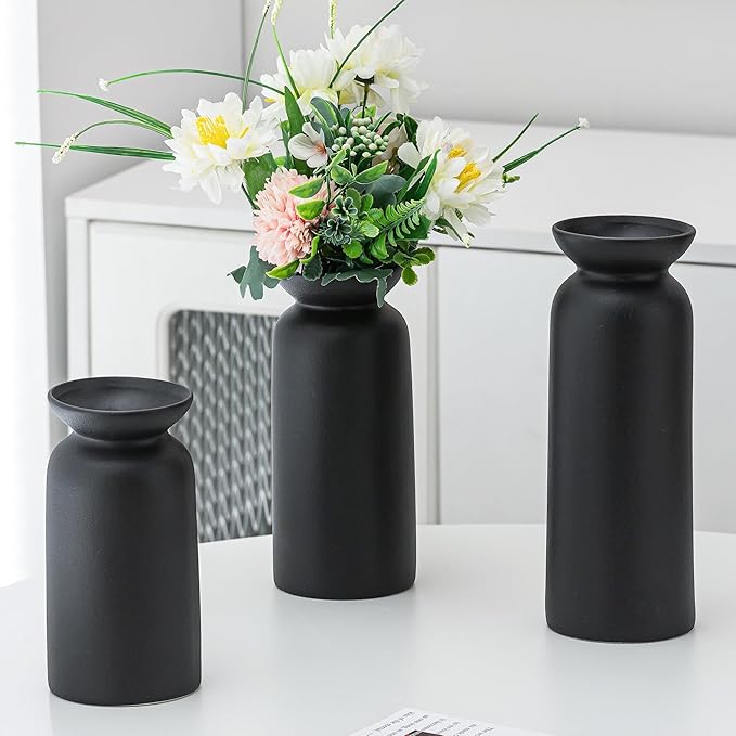 Black Ceramic Vase Set of 3 Small Boho Modern Room Decor for Home Decor Farmhouse Centerpiece Table Decorations