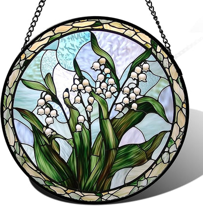 Stained Glass Window Hanging, White Green Lily of the Walley Flowers Sun Catcher for Door Home Decor Plants Suncatcher Christmas Mother's Day Birthday Gifts for Women Men Mom Nana 9.8 in
