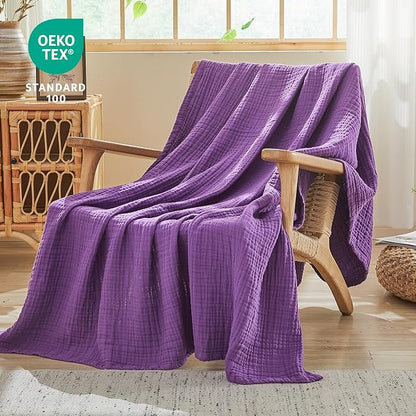 EMME Cotton Muslin King Blanket Big Oversized Bed Layering Bedspread Coverlet Breathable Gauze Soft Lightweight Blankets (Purple, 120"x94")