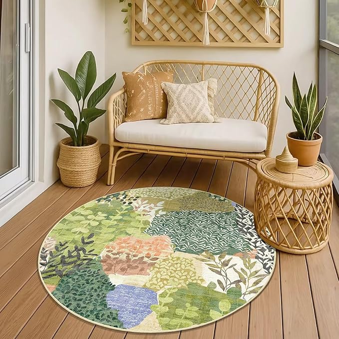DEXDE Round Rug 5ft Washable Circle Area Rugs Non Slip Low Pile Boho Floral Large Circular Carpet for Bedroom Bathroom Entryway Kids Room Office Dining Room,Green