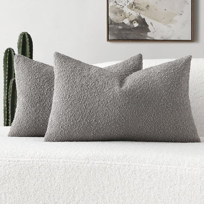 FUTEI Pack of 2 Light Grey Decorative Throw Pillow Covers 12x20 Inch Soft Cozy Solid Boucle Textured Lumbar Pillow Cases,Modern Home Decor for Couch Bed Living Room