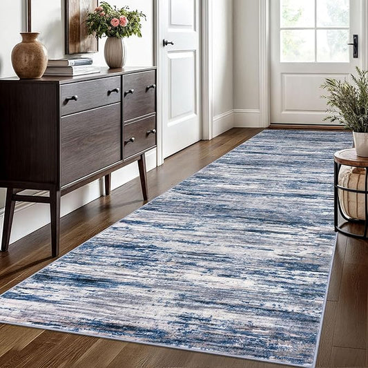 3x10 Modern Abstract Runner Rug for Hallways, Navy Blue Gray Neutral Multi Super Soft Hallway Decor Kitchen Rugs with Non-Slip, Non-Shedding Washable Rug for Entryway Bedroom Indoor