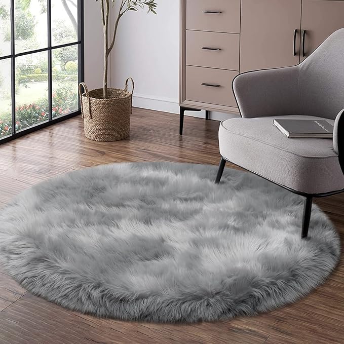 Fluffy Round Rug for Kids Room Grey Circle Faux Fur Area Rug for Bedroom, 4x4 Fuzzy Shag Rugs Furry Nursery Rug Teepee Mat, Gray Circular Plush Floor Carpet