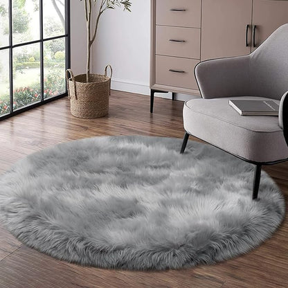 Fluffy Round Rug for Kids Room Grey Circle Faux Fur Area Rug for Bedroom, 4x4 Fuzzy Shag Rugs Furry Nursery Rug Teepee Mat, Gray Circular Plush Floor Carpet