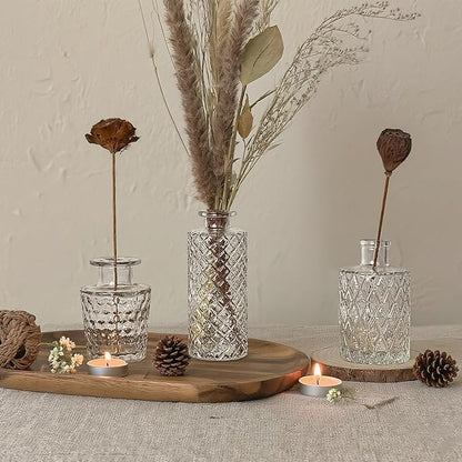 Glass Bud Vase Set of 3 Pcs Small Minimalist Vases for Flowers, Vintage Rustic Home Decor for Table Centerpiece Wedding Party, Modern Clear Aromatherapy Bottle for Living Room Bedroom
