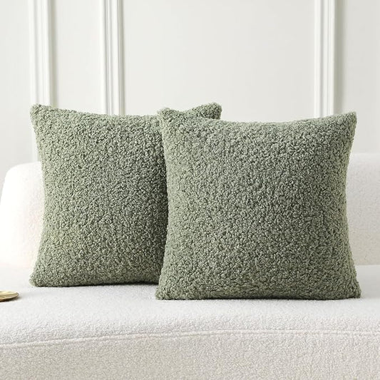 FUTEI Sage Green Throw Pillow Covers 18x18 Inch Set of 2,Furry Faux Fur Teddy Boucle Textured Cushion Covers,Soft Fluffy Decorative Pillow Case,Home Decor for Couch Bed Living Room Office Car
