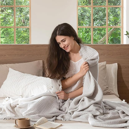 MooMee Muslin Blanket - 100% Cotton 4-Layer Gauze Throw Blanket with All-Around Fringe, Ultra-Soft Breathable Lightweight Cooling Decorative for Bed, Sofa & Couch (Light Grey,King 104" x 90")