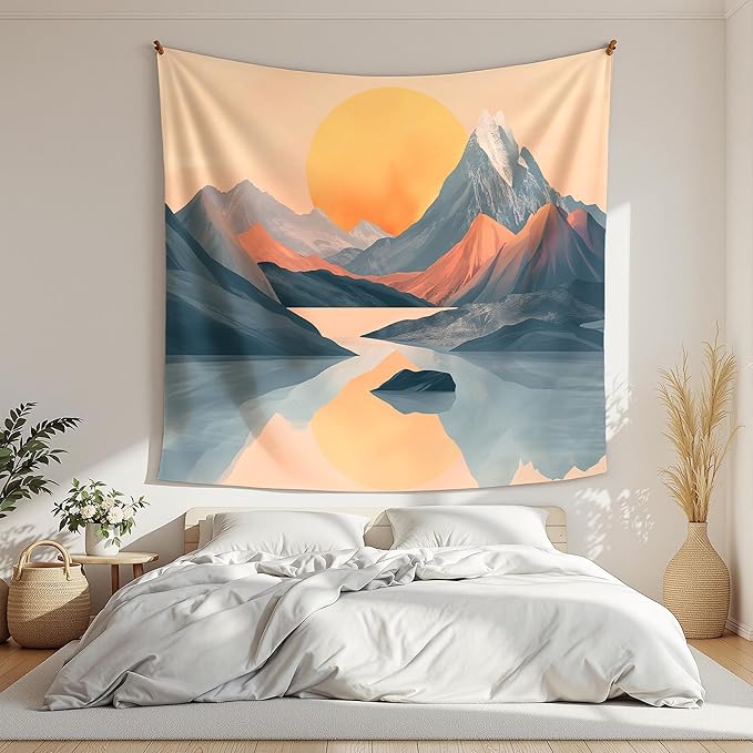 Xolytar Boho Geometric Mountain Tapestry for Nursery & Office – Minimalist Abstract Sunset Wall Art, Mid Century Modern Nature Landscape Wall Hanging for Baby Room, Zoom Background (60x50)