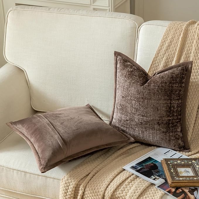 Yaertun Pack of 2 Chenille Textured Decorative Throw Pillow Covers Accent Solid Cushion Cover Soft Cozy Pillow Case with Velvet Back for Couch Sofa Bed Living Room 16x16 Inch Brown