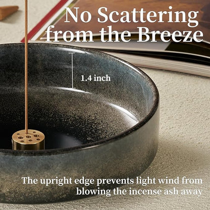 5.9" Ceramic Incense Holder with 10 Holes,5in1 Incense Tray for Sticks,Coil,Cone,Sage,Palo Santo,Handcrafted Burner Ash Catcher Smudge Bowl for Yoga Meditation Energy Cleansing Room Décor,Black