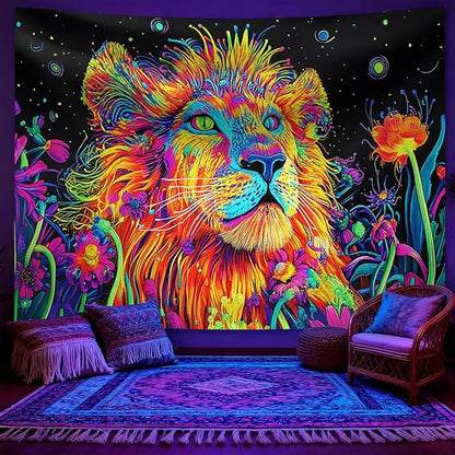 seewan Black Light Lion Tapestry, UV-Reactive Neon Galaxy Lion Wall Hanging, Psychedelic Animal Art Paired with Dreamy Floral Tapestry, Bedroom Dorm Living Room Background Decor