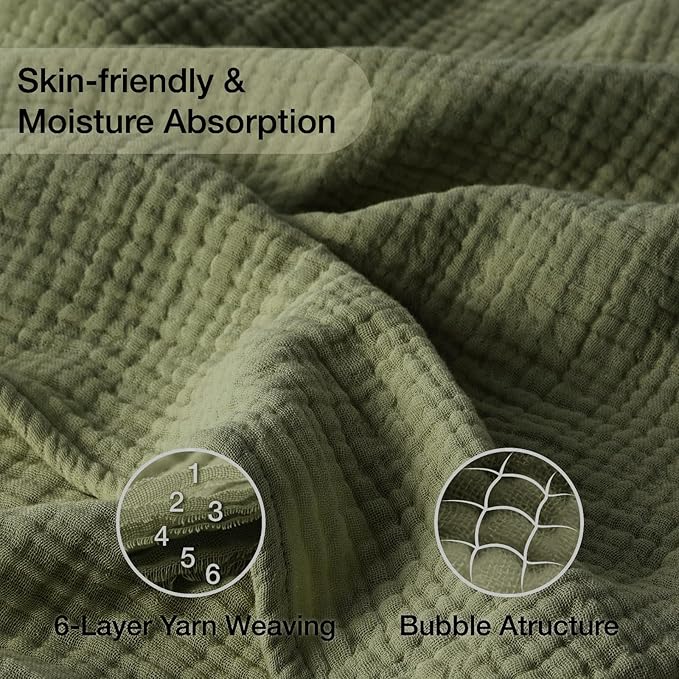 100% Cotton Muslin Blanket Queen 90" x 90", Breathable and Lightweight Cotton Throw Blanket for Bed, Soft Cooling Summer Gauze Blanket for Adults All Season, Olive Green