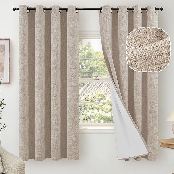 Lajode Beige 100% Blackout Curtains for Bedroom 63 Inch Length 2 Panels, Thermal Insulated Complete Light Blocking Noise Reducing Linen Window Curtains for Nursery, Bronze Grommet, Each 52" Wide