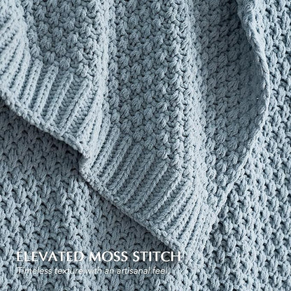 EVERGRACEHOME Chunky Chenille Knit Throw Blanket for Couch, Soft Luxurious Moss Stitch Blankets for Bed, Cozy Decorative Farmhouse Knitted Throws for Sofa, Chambray Blue, 60" x 80"