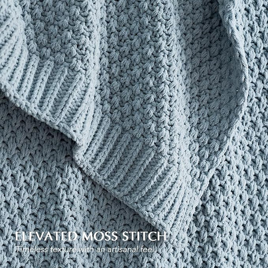 EVERGRACEHOME Chunky Chenille Knit Throw Blanket for Couch, Soft Luxurious Moss Stitch Blankets for Bed, Cozy Decorative Farmhouse Knitted Throws for Sofa, Chambray Blue, 50" x 60"