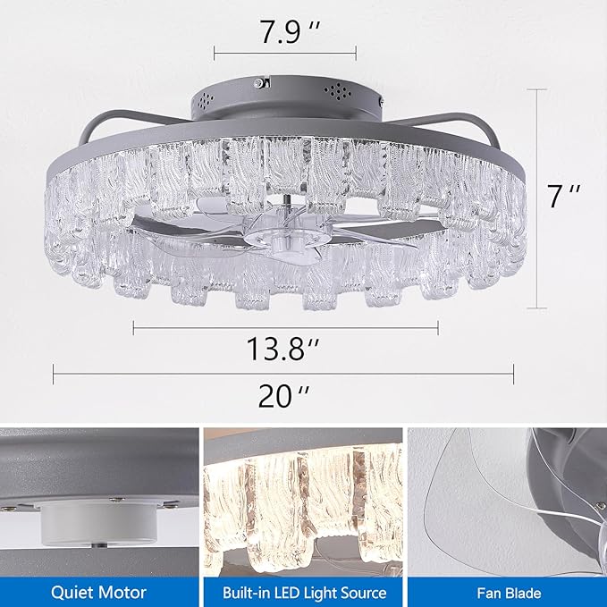 Rustic Silver Caged Ceiling Fan with Light, Personalized Fashion Ceiling Fan Remote Control with Acrylic, LED Low Profile Ceiling Light for Bedroom Kitchen Living Room