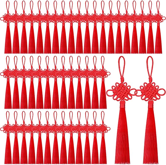 Tatuo 200 Pieces Chinese Knots with Tassels Handmade Chinese Knotting Cord Decorative for New Year Spring Festival Decorations