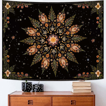 Fowocu Boho Floral Mandala Tapestry for Bedroom Aesthetic Vintage Bohemian Flower Wall Tapestry Black Green Hippie Indian Large Tapestries Wall Hanging for Living Room Dorm Decor 80 x 60 Inch
