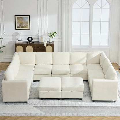 127'' Oversized U Shaped Modular Sofa, Sectional Couches with Storage for Living Room, Modern 9 Seater Cloud Sectional Couch with Movable Ottoman, Chenille Beige