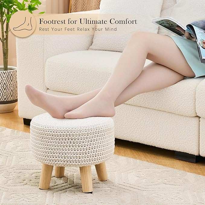 Boho Ottoman Foot Stool Cotton Knitted Round Pouf Ottoman Foot Rest Stool with Non-Skid Wooden Legs Step Stool Padded Seat for Living Room White