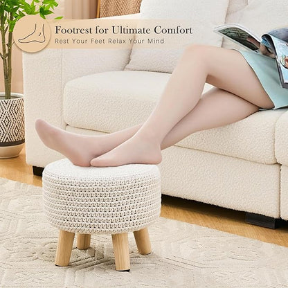 Boho Ottoman Foot Stool Cotton Knitted Round Pouf Ottoman Foot Rest Stool with Non-Skid Wooden Legs Step Stool Padded Seat for Living Room White