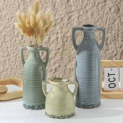 Ceramic Vase Set of 3 - Farmhouse Vase Set for Modern Decoration, Rustic Crackle Round Vases for Home Decor, Dining Table, Living Room, Kitchen, Office, Shelf - Multicolor