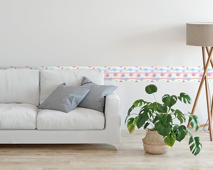 FLFK Wallpaper Border, Rainbow Flowers Peel and Stick Wall Border Self Adhesive Wall Paper Borders for Bedroom Living Room Girl's Room Kitchen Bathroom 7"x240"