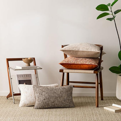 a moment Brown Reversible Pillow Covers 2 Pack - Farmhouse Chenille Throw Pillows, Neutral Textured Decorative Throw Pillow Covers with Border for Couch Sofa Bed (12x20 Inch, No Insert)