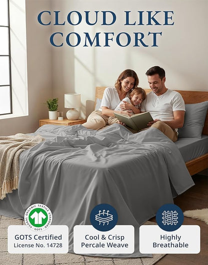 LANE LINEN 100% Organic Cotton Mercerized Queen Sheets, Soft & Comfy Naturally Cooling Cotton Sheets Queen Size Set, Classic Percale Weave Low Pill Fade Resistant Queen Bed Sheets- Silver