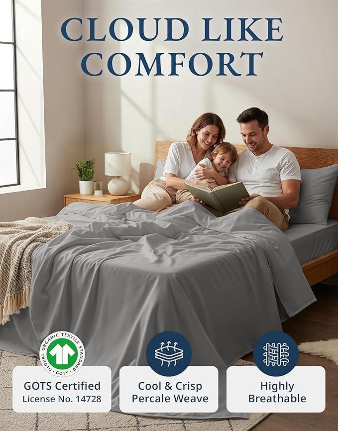 LANE LINEN Twin XL Bed Sheets Set - 100% Mercerized Organic Cotton Twin XL Sheets Set, Soft & Comfy Percale Weave, Machine wash Low Pilling Fade Resistant Luxury Hotel Style Twin XL Sheet Set - Silver