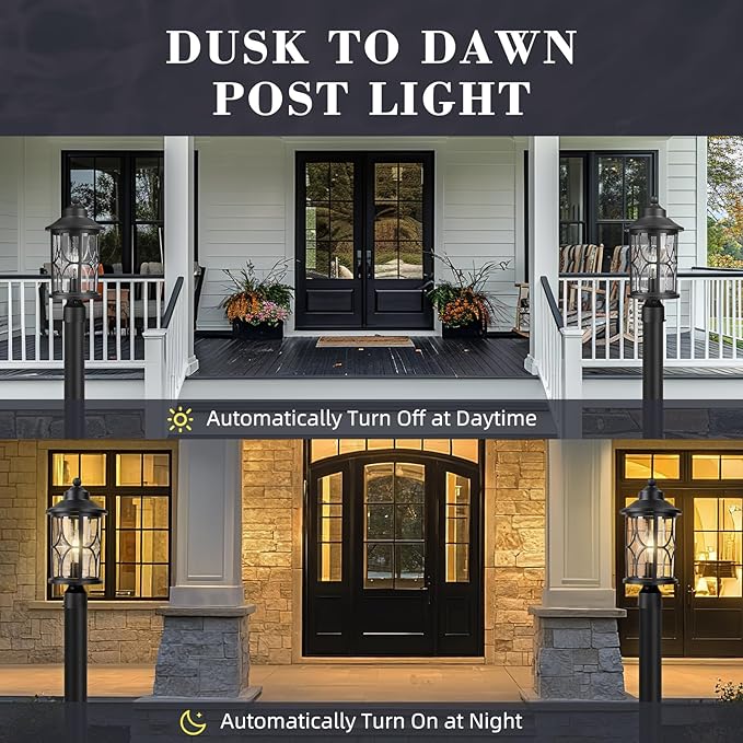 zeyu Outdoor Pole Light Fixture, 16.9 Inch Dusk to Dawn Sensor Post Light with Photocell Sensor, Black Pier Mount Light with Seeded Glass Shade, ZX48MP PC BK