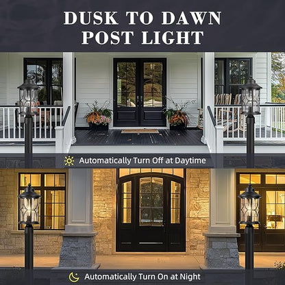 zeyu Outdoor Pole Light Fixture, 16.9 Inch Dusk to Dawn Sensor Post Light with Photocell Sensor, Black Pier Mount Light with Seeded Glass Shade, ZX48MP PC BK