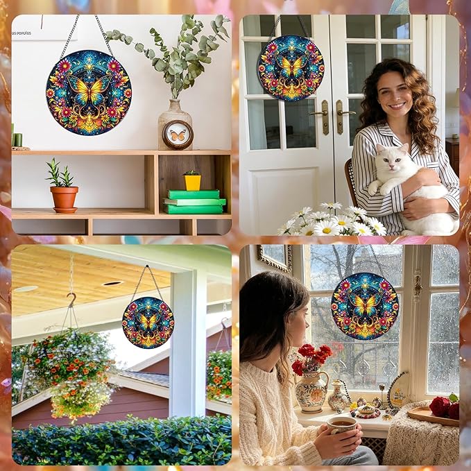 Rngmsi Stained Glass Window Hanging, 7.8″ Butterfly Flower Sun Catchers with Hook Indoor Window Decor, Decorative Suncatchers Hanging Ornaments Home Garden Art Gift for Housewarming