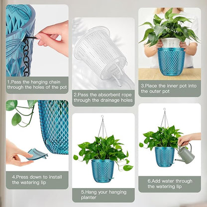 QCQHDU Self Watering Hanging Pots, 2 Pack 7.2 Inch Hanging Planters for Plants Indoor, Outdoor Flower Pots with Drainage Holes and 3 Hooks Chains for Garden Home (Klein Blue)