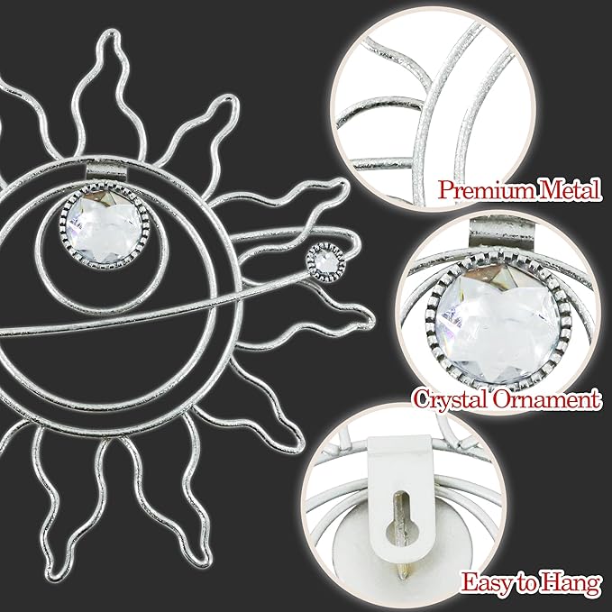 Silver Metal Wall Art, Abstract Sun Moon Star Decor, Modern Line Art Christmas Decorations, Mystical Star Circle Planet Handmade Wall Christmas Decor for Living Room Kitchen Office 9 inch