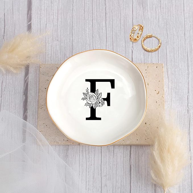 JoycuFF Initial F Ceramic Jewelry Tray, Bridesmaid Bride Gifts, Mothers Day Christmas Anniversary Engagement Birthday Gifts for Women Couples, Trinket Dish for Rings Earrings Necklaces Bracelets Keys