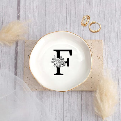JoycuFF Initial F Ceramic Jewelry Tray, Bridesmaid Bride Gifts, Mothers Day Christmas Anniversary Engagement Birthday Gifts for Women Couples, Trinket Dish for Rings Earrings Necklaces Bracelets Keys