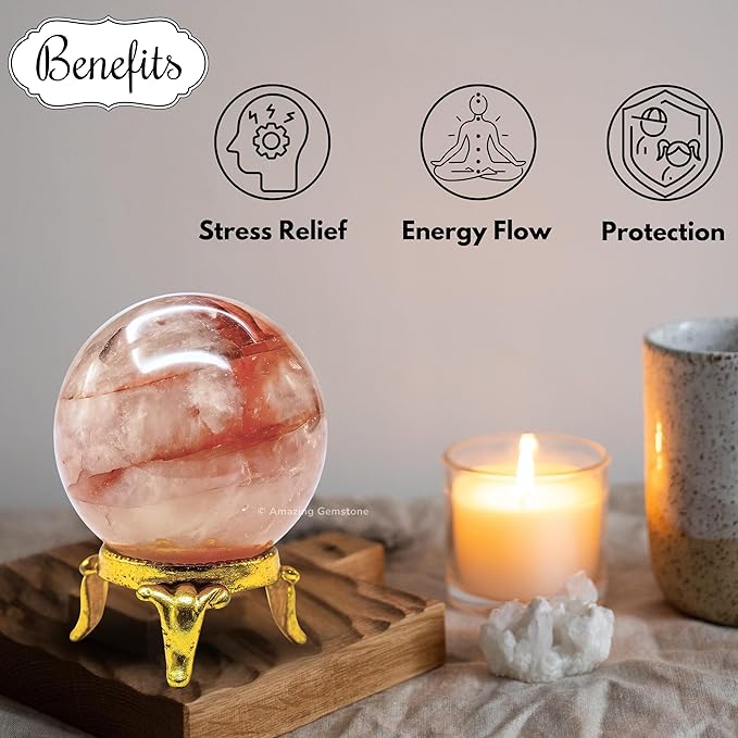Amazing Gemstone Red Hematoid Quartz Crystal Ball with Stand - 1.5 Inches Crystal Sphere Meditation Balls for Witchcraft and Decorative Balls