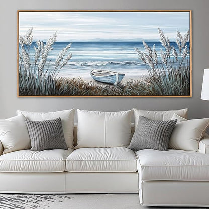 AJAZIKO Beach Vintage Wall Art Pictures for Living Room Coastal Artwork for Walls Ocean Bedroom Wall Decor Above Bed Landscape Beach Canvas Wall Art Featuring Boat, Farmhouse, Seascape 29×58IN