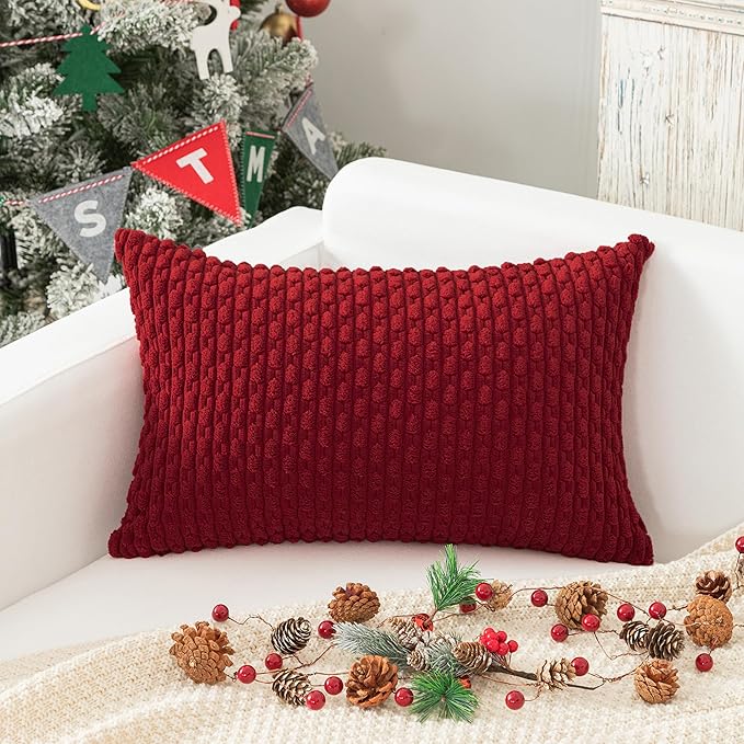 Kevin Textile 14x24 Inch Pillow Cover 1 Pack Boho Christmas Decorative Soft Striped Corduroy Lumbar Farmhouse Color Accent Rectangle Cushion Case for Living Room Couch Sofa Bed, Burgundy