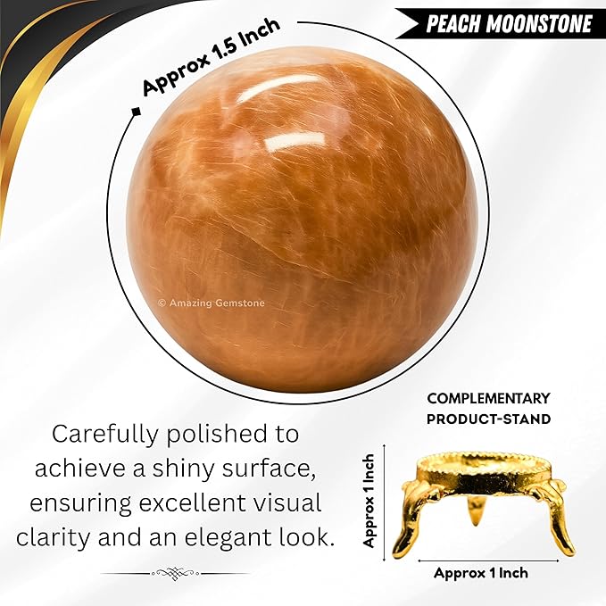 Amazing Gemstone Peach Moonstone Crystal Ball with Stand - 1.5 Inches Crystal Sphere Meditation Balls for Witchcraft and Decorative Balls