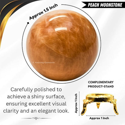 Amazing Gemstone Peach Moonstone Crystal Ball with Stand - 1.5 Inches Crystal Sphere Meditation Balls for Witchcraft and Decorative Balls