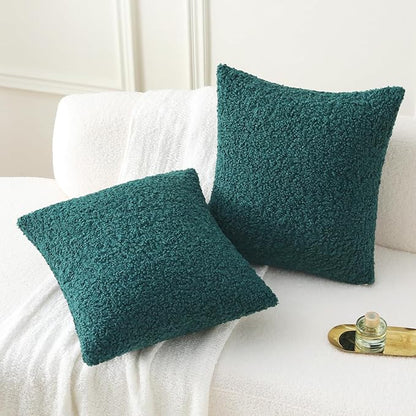 FUTEI Dark Green Throw Pillow Covers 26x26 Inch Set of 2,Furry Faux Fur Teddy Boucle Textured Cushion Covers,Soft Fluffy Decorative Euro Pillow Shams,Home Decor for Couch Bed Living Room Office Car