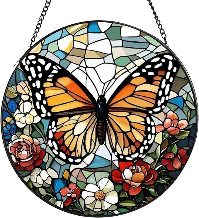 Butterfly Stained Glass Window Hanging, 7.8" Round Sun Catcher Hand Painted Wall Art Decor with Chain, Unique Housewarming Gifts for Couples, Home