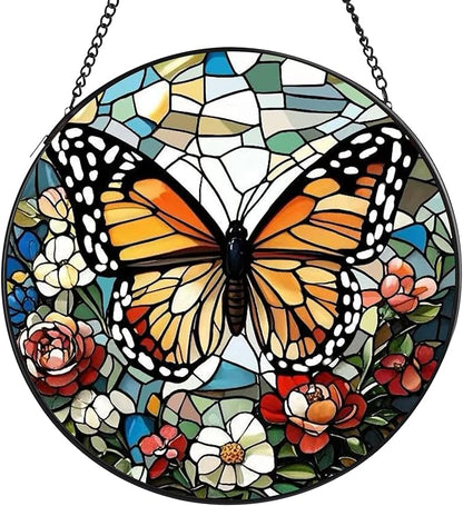 Butterfly Stained Glass Window Hanging, 7.8" Round Sun Catcher Hand Painted Wall Art Decor with Chain, Unique Housewarming Gifts for Couples, Home