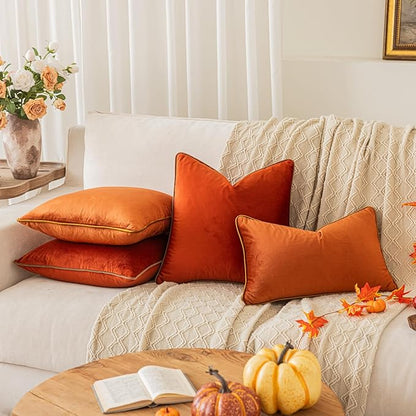 LIGICKY Set of 2 Fall Pillow Covers Rust Velvet Throw Pillow Covers Decorative Modern Autumn Rope Edging Soft Square Cushion Cases for Sofa Bedroom Party Décor, 18 x 18 inch